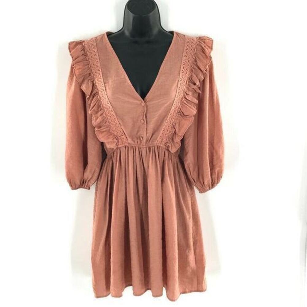 Zara Embroidered Womens Puff Sleeve Ruffled Mini‎ Dress Orange Rust Viscose 6